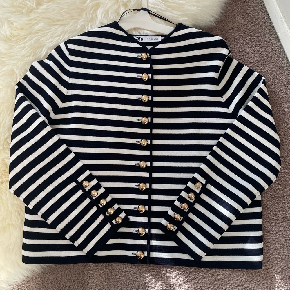 Zara striped gold button navy white knit cardigan